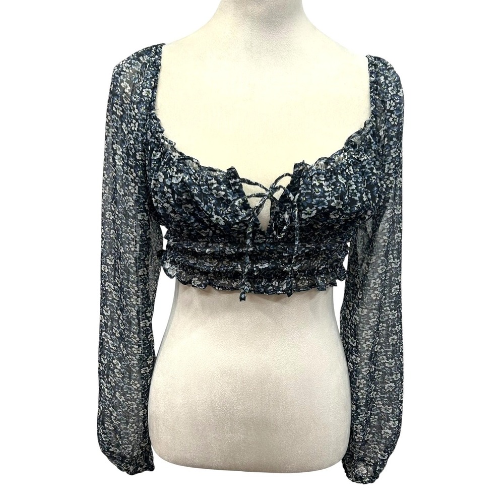 Y2K Sheer Floral Puff Sleeve Crop Top M Coquette Fairycore Romantic Renaissance‎